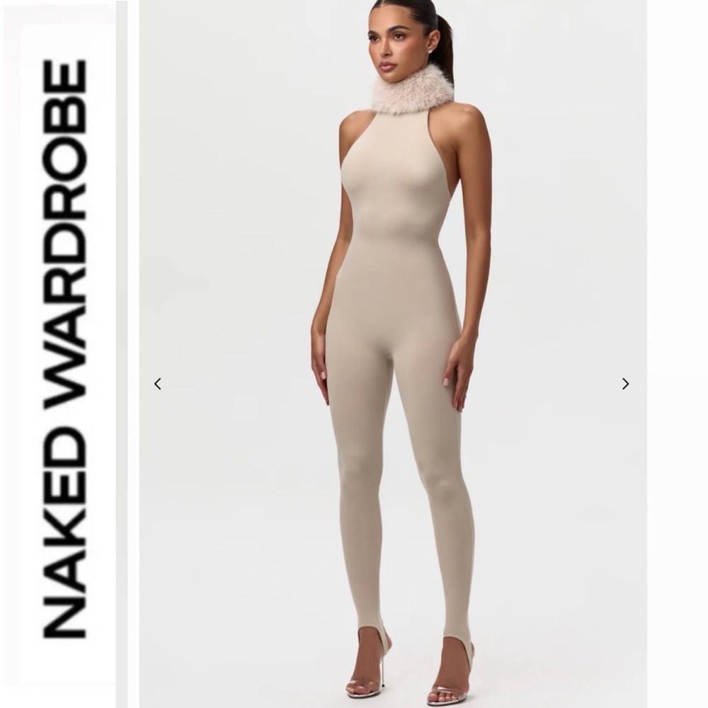 Naked Wardrobe 🤍🤎 STIRRUP JUMPSUIT WITH FUR COLLAR